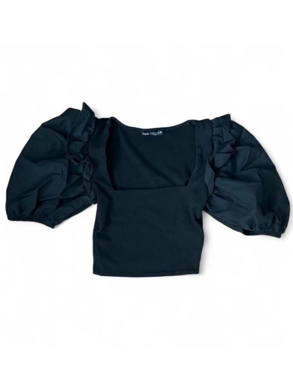 ZARA Black Square Neck Puff Sleeve Stretch Knit Crop Top Size S
